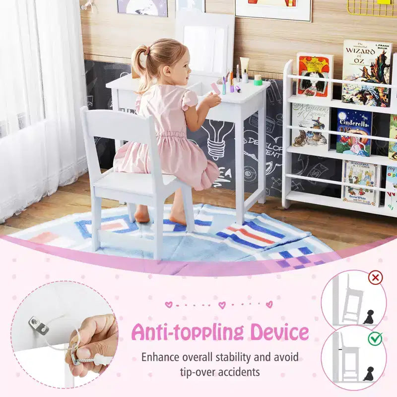 Costway Set Tavolino e Sedia da Toilette per Bambini 2-in-1, Scrivania da Trucco da Principessa