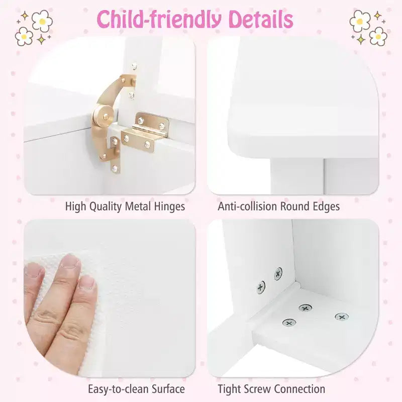 Costway Set Tavolino e Sedia da Toilette per Bambini 2-in-1, Scrivania da Trucco da Principessa