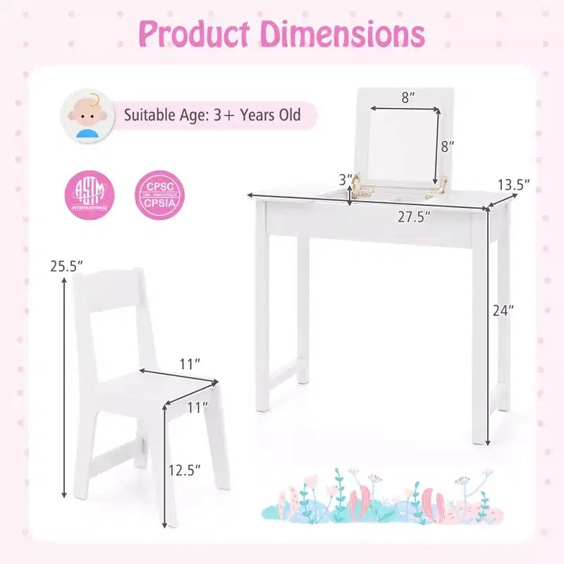Costway Set Tavolino e Sedia da Toilette per Bambini 2-in-1, Scrivania da Trucco da Principessa