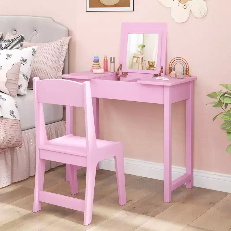 Costway Set Tavolino e Sedia da Toilette per Bambini 2-in-1, Scrivania da Trucco da Principessa