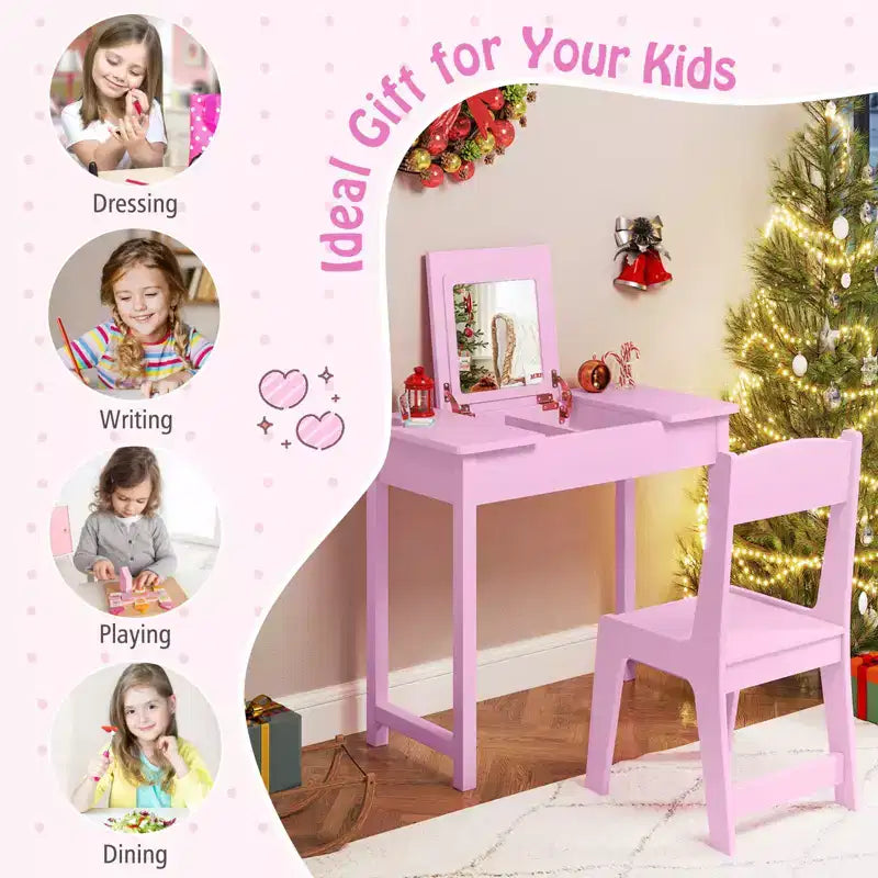 Costway Set Tavolino e Sedia da Toilette per Bambini 2-in-1, Scrivania da Trucco da Principessa