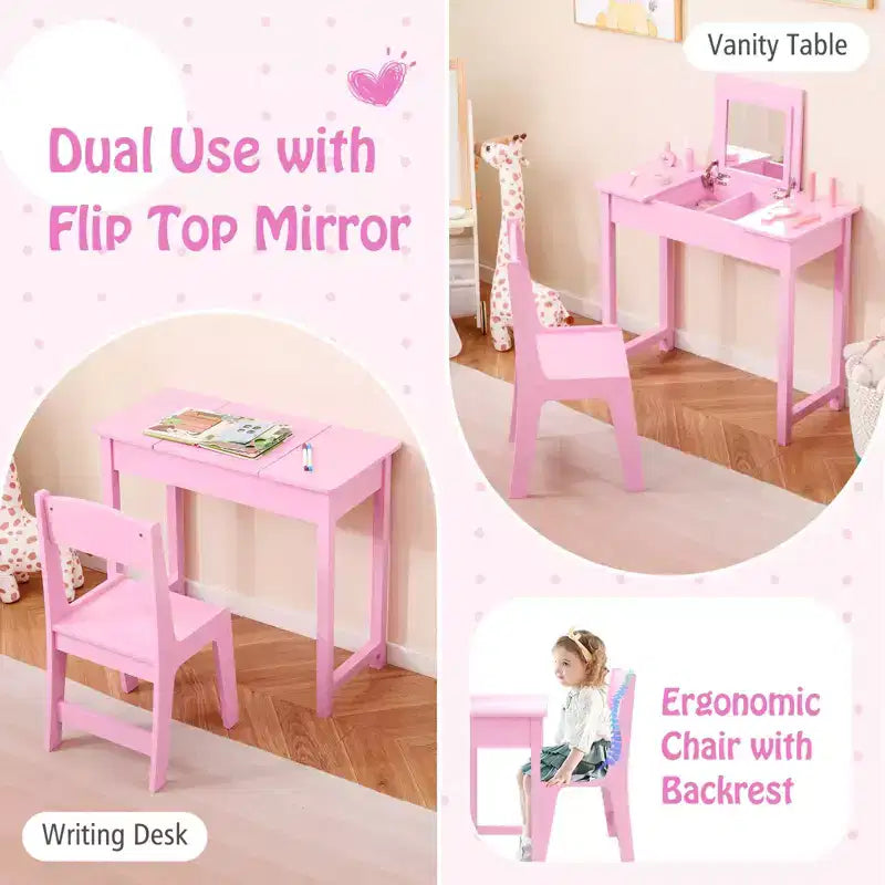 Costway Set Tavolino e Sedia da Toilette per Bambini 2-in-1, Scrivania da Trucco da Principessa