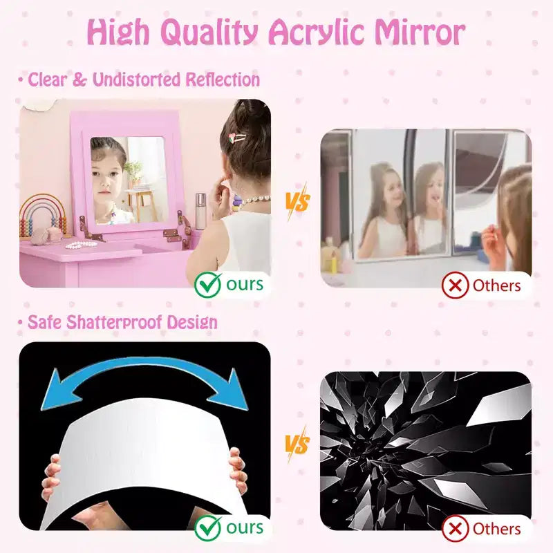 Costway Set Tavolino e Sedia da Toilette per Bambini 2-in-1, Scrivania da Trucco da Principessa