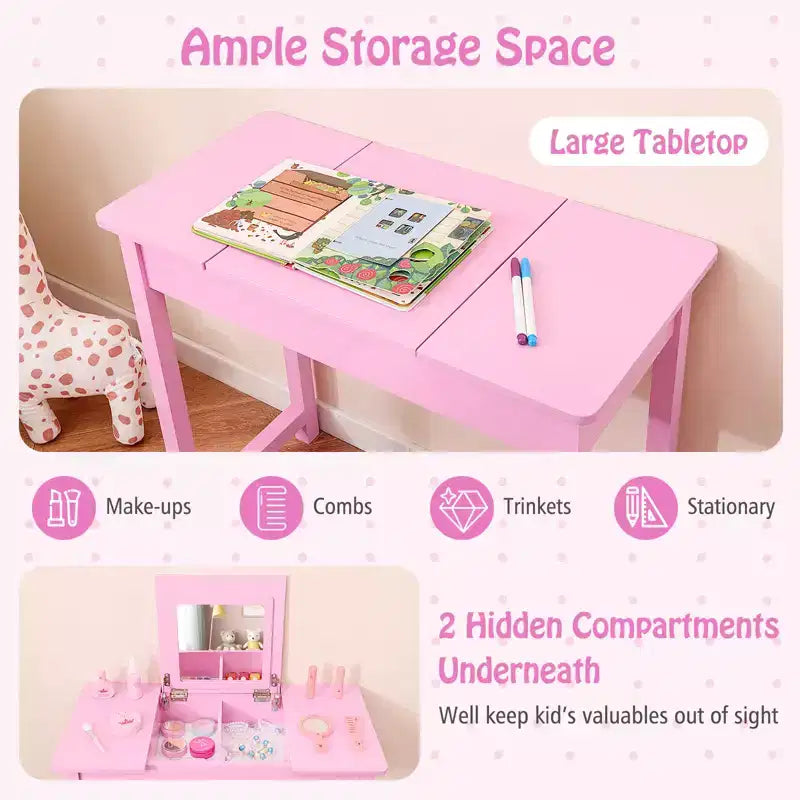 Costway Set Tavolino e Sedia da Toilette per Bambini 2-in-1, Scrivania da Trucco da Principessa