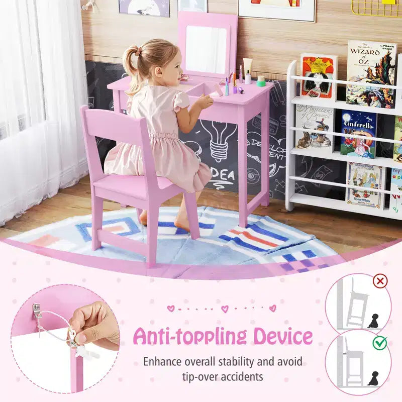 Costway Set Tavolino e Sedia da Toilette per Bambini 2-in-1, Scrivania da Trucco da Principessa