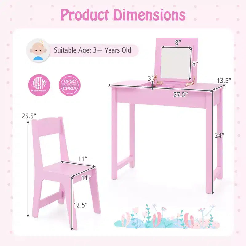 Costway Set Tavolino e Sedia da Toilette per Bambini 2-in-1, Scrivania da Trucco da Principessa