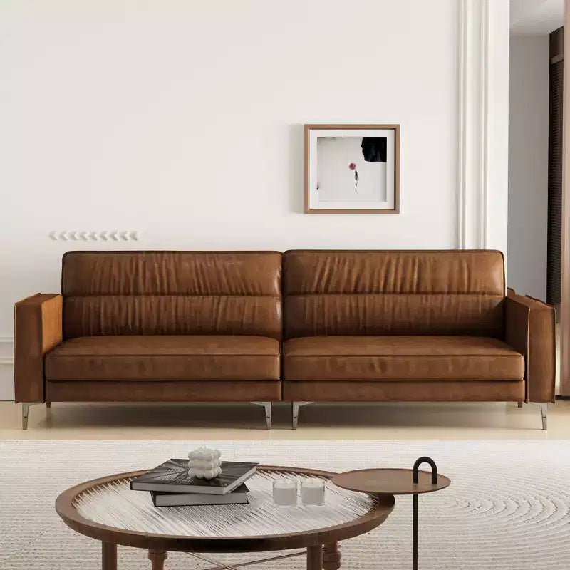 Divano di lusso in pelle oliata e cerata da 220 cm – Sofà vintage marrone di alta gamma con telaio robusto