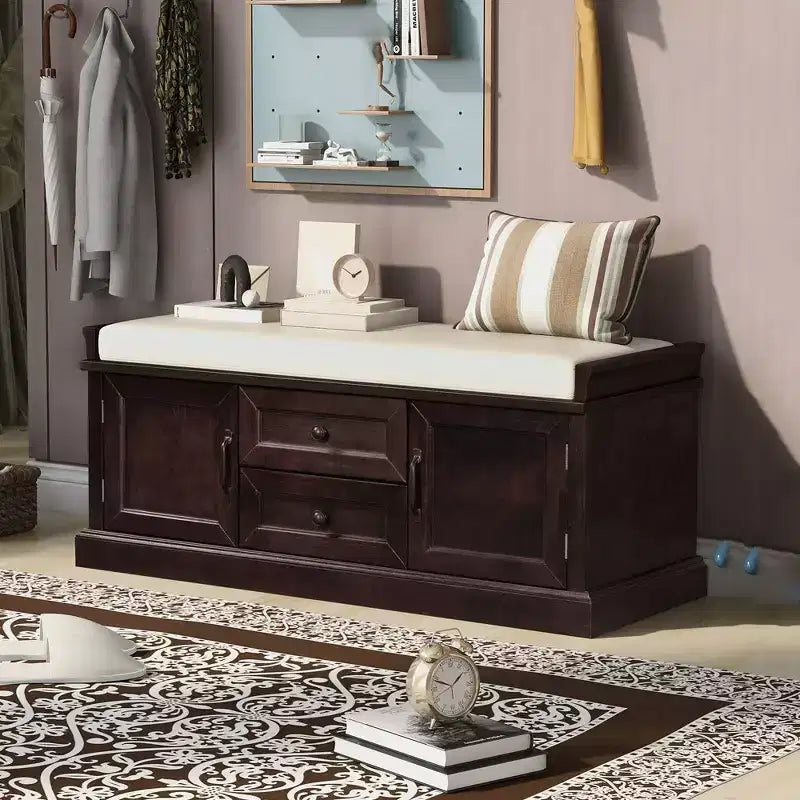 Panca Contenitore in Legno, Panca Contenitore da Ingresso con Cassetti e Ante, Panca Portascarpe da Foyer con Cuscino Rimovibile per Ingresso, Camera da Letto, Soggiorno