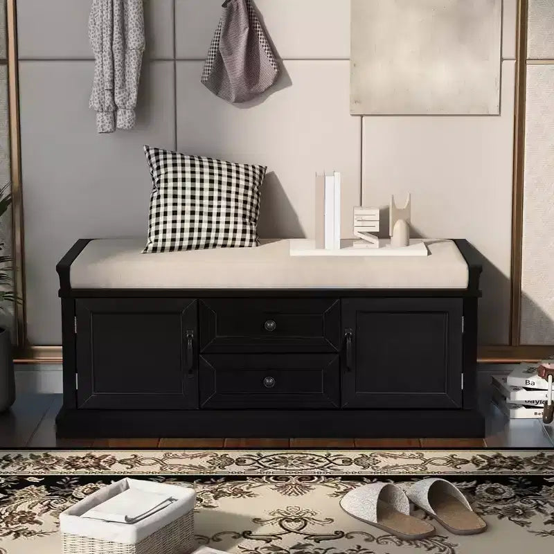 Panca Contenitore in Legno, Panca Contenitore da Ingresso con Cassetti e Ante, Panca Portascarpe da Foyer con Cuscino Rimovibile per Ingresso, Camera da Letto, Soggiorno