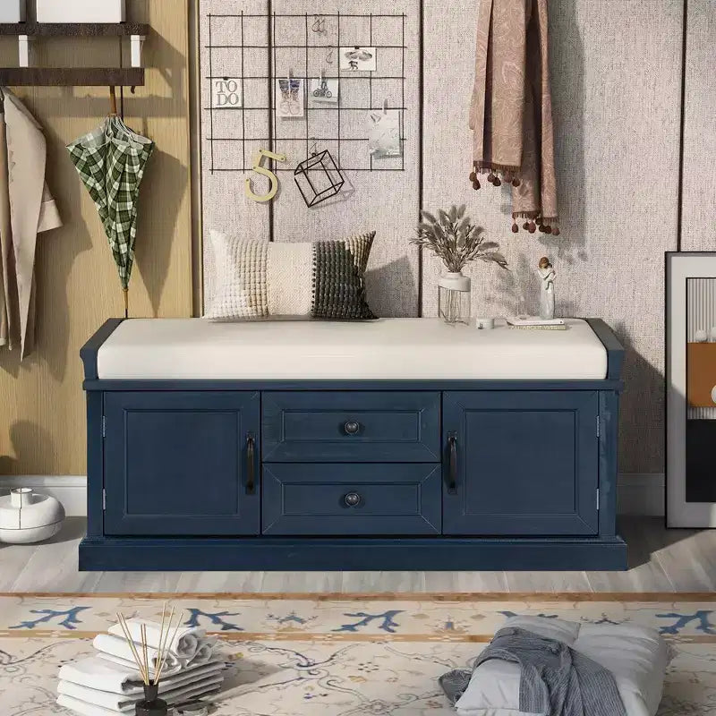 Panca Contenitore in Legno, Panca Contenitore da Ingresso con Cassetti e Ante, Panca Portascarpe da Foyer con Cuscino Rimovibile per Ingresso, Camera da Letto, Soggiorno