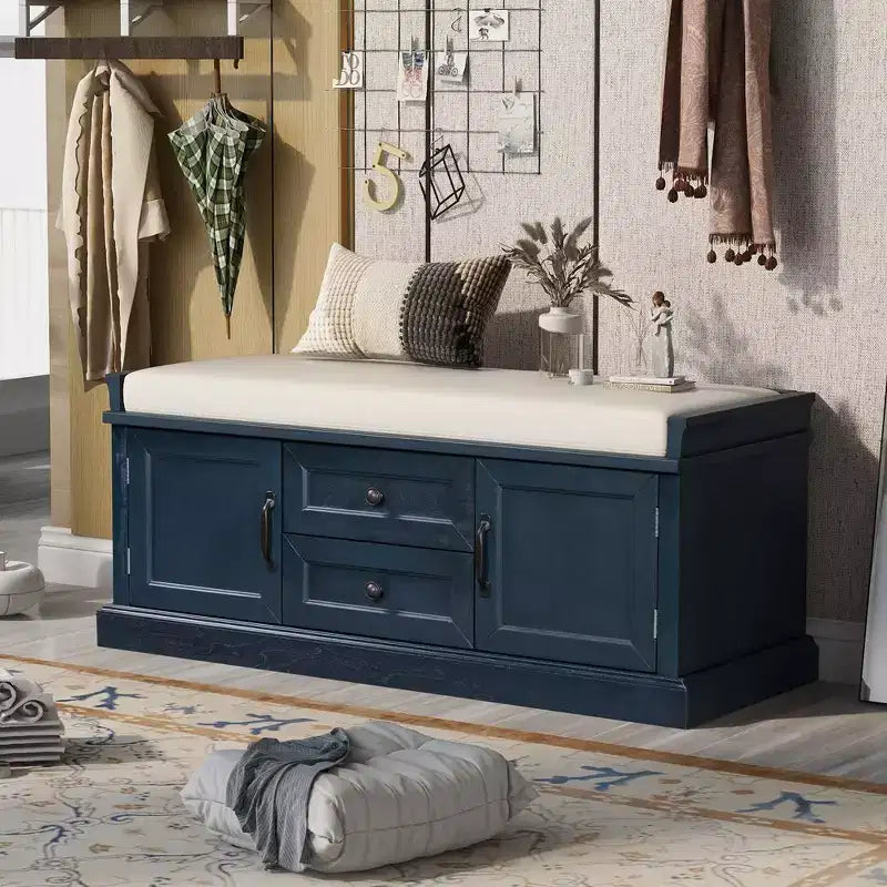 Panca Contenitore in Legno, Panca Contenitore da Ingresso con Cassetti e Ante, Panca Portascarpe da Foyer con Cuscino Rimovibile per Ingresso, Camera da Letto, Soggiorno