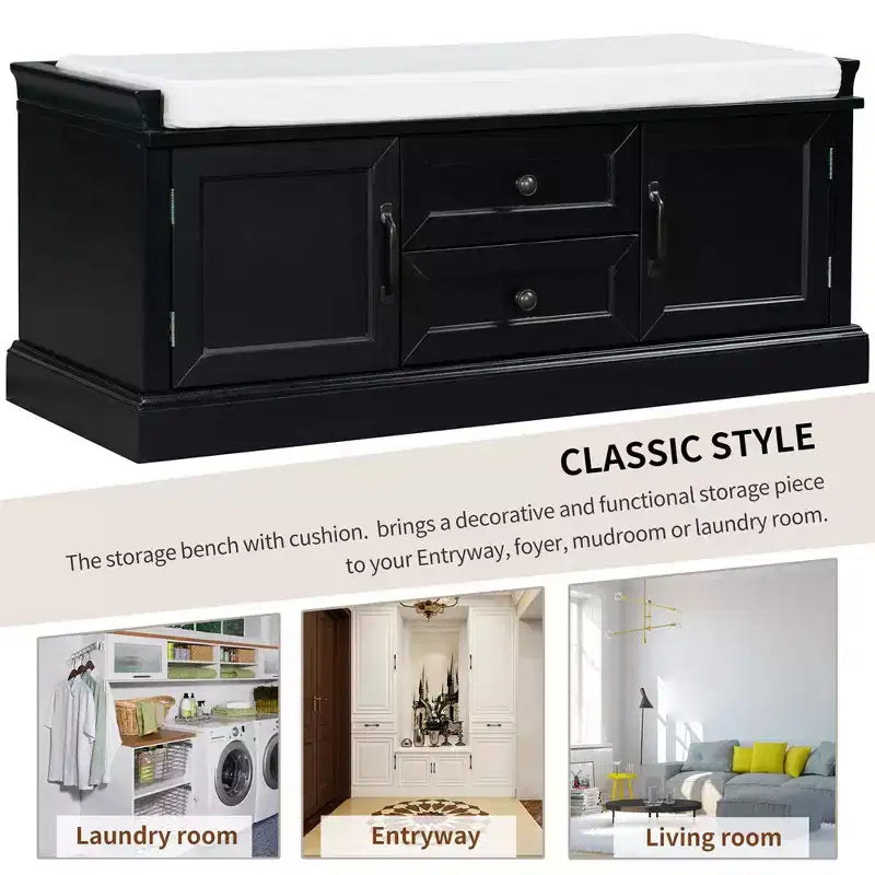 Panca Contenitore in Legno, Panca Contenitore da Ingresso con Cassetti e Ante, Panca Portascarpe da Foyer con Cuscino Rimovibile per Ingresso, Camera da Letto, Soggiorno