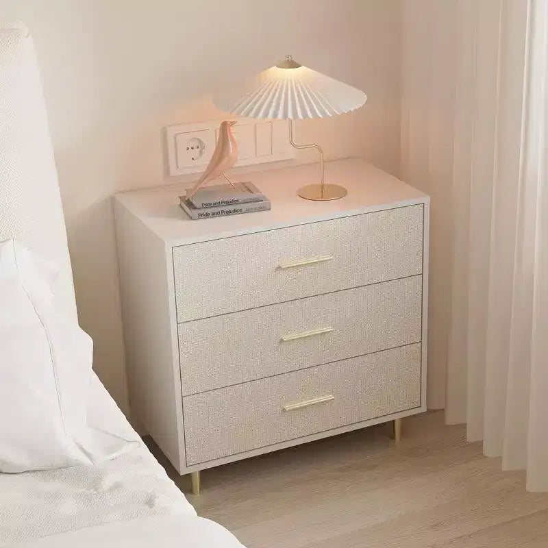 Modern Nightstand with Gold Legs - 3-Drawer Bedside Table with Linen Finish, Narrow Design for Small Spaces, White & Gold Bedroom Dresser