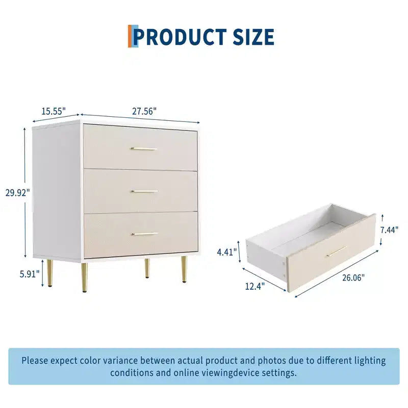 Comodino Moderno con Gambe Dorate - Comodino a 3 Cassetti con Finitura in Lino, Design Stretto per Piccoli Spazi, Cassettiera da Camera Bianca e Oro