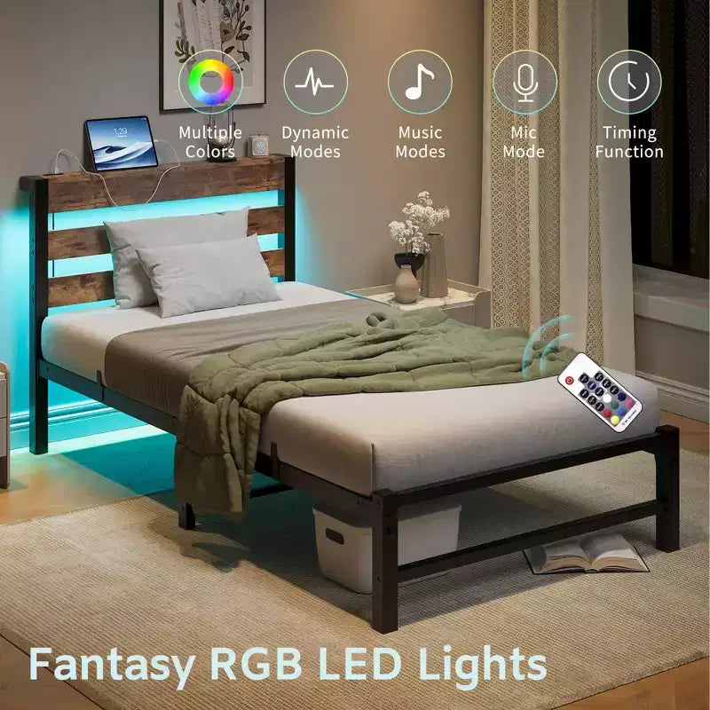 Struttura letto moderna con testiera contenitore, luci RGB e stazione di ricarica