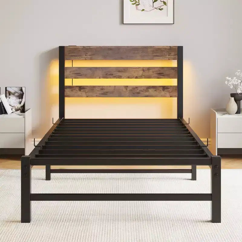 Struttura letto moderna con testiera contenitore, luci RGB e stazione di ricarica
