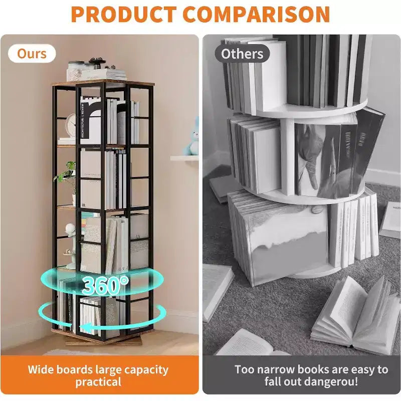 Libreria Girevole a 4 Livelli, Scaffale Rotante a 360° con Barre di Sicurezza, Design Salvaspazio per Soggiorno, Camera da Letto, Ufficio, Unità di Stoccaggio Autoportante
