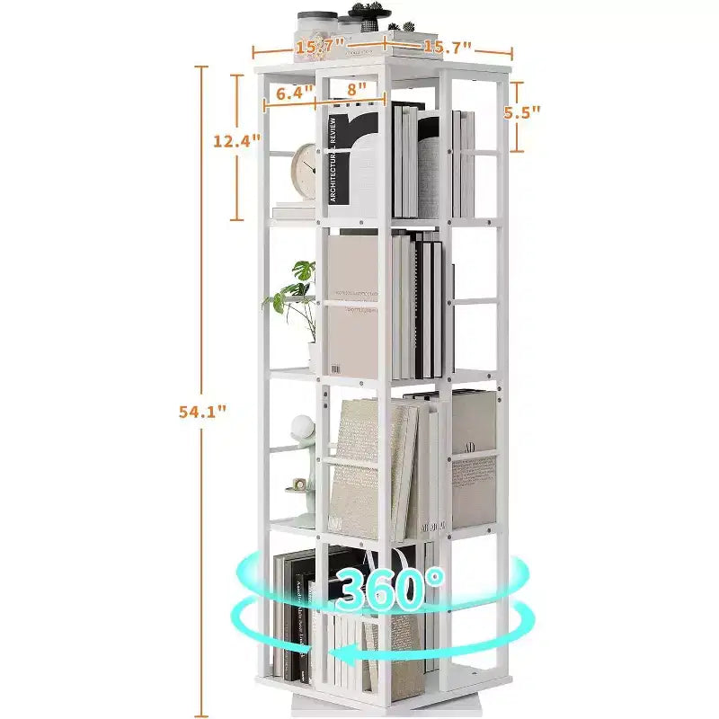 Libreria Girevole a 4 Livelli, Scaffale Rotante a 360° con Barre di Sicurezza, Design Salvaspazio per Soggiorno, Camera da Letto, Ufficio, Unità di Stoccaggio Autoportante