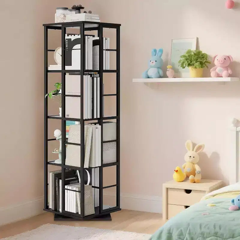 Libreria Girevole a 4 Livelli, Scaffale Rotante a 360° con Barre di Sicurezza, Design Salvaspazio per Soggiorno, Camera da Letto, Ufficio, Unità di Stoccaggio Autoportante