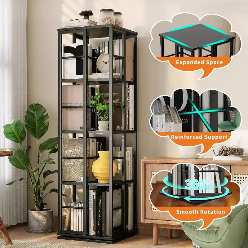 Libreria Girevole a 4 Livelli, Scaffale Rotante a 360° con Barre di Sicurezza, Design Salvaspazio per Soggiorno, Camera da Letto, Ufficio, Unità di Stoccaggio Autoportante