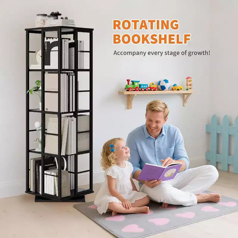 Libreria Girevole a 4 Livelli, Scaffale Rotante a 360° con Barre di Sicurezza, Design Salvaspazio per Soggiorno, Camera da Letto, Ufficio, Unità di Stoccaggio Autoportante