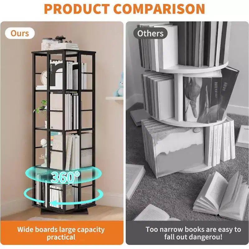 Libreria Girevole a 4 Livelli, Scaffale Rotante a 360° con Barre di Sicurezza, Design Salvaspazio per Soggiorno, Camera da Letto, Ufficio, Unità di Stoccaggio Autoportante