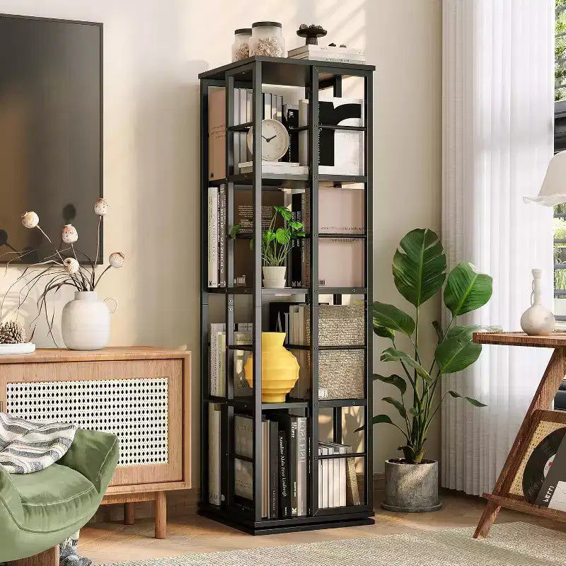 4 Tier Rotating Bookcase, 360 Spinning Shelf with Safety Rails, Space Saving Design for Living Room Bedroom Office,Freestanding Storage Unit