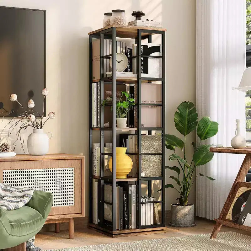 Libreria Girevole a 4 Livelli, Scaffale Rotante a 360° con Barre di Sicurezza, Design Salvaspazio per Soggiorno, Camera da Letto, Ufficio, Unità di Stoccaggio Autoportante