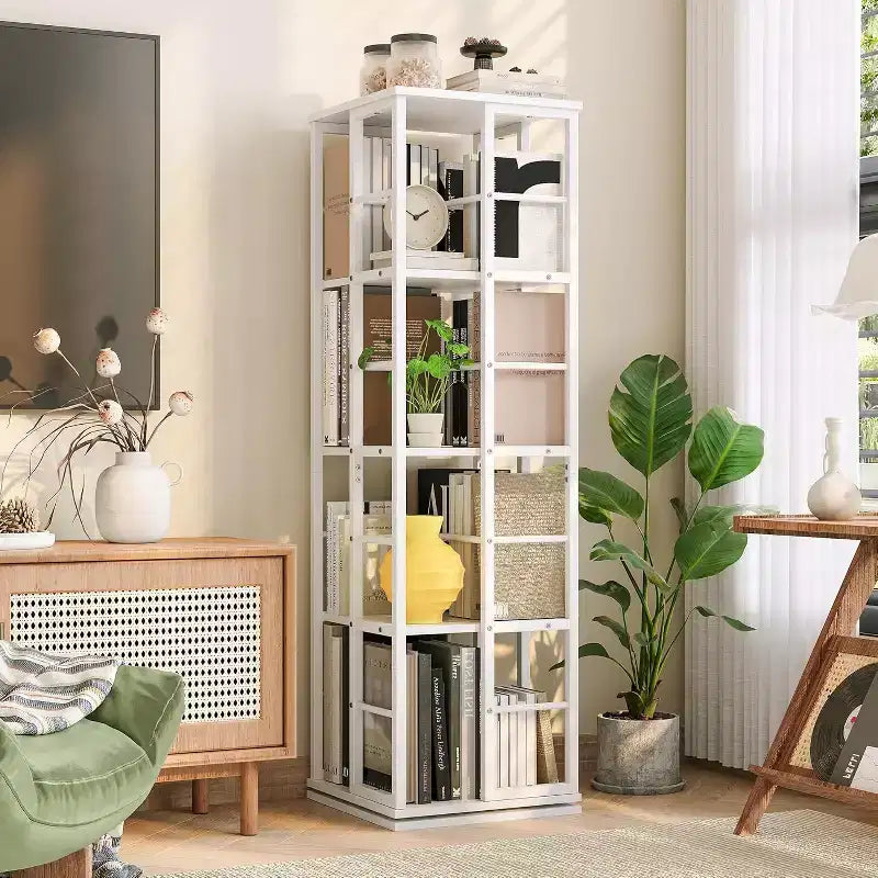 Libreria Girevole a 4 Livelli, Scaffale Rotante a 360° con Barre di Sicurezza, Design Salvaspazio per Soggiorno, Camera da Letto, Ufficio, Unità di Stoccaggio Autoportante