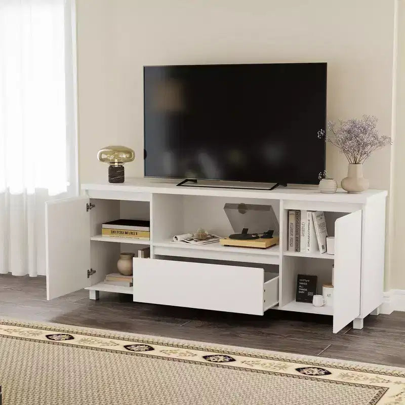 Mobile TV scanalato per TV da 65 pollici, Centro di intrattenimento con cassetto portaoggetti e ripiano aperto, Mobiletto console multimediale TV moderno