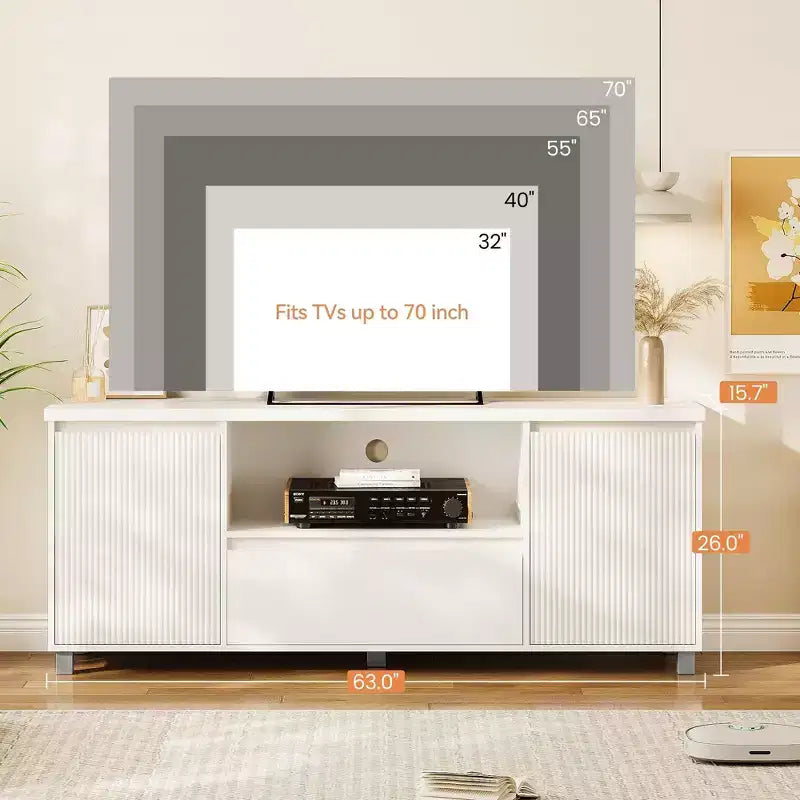 Mobile TV scanalato per TV da 65 pollici, Centro di intrattenimento con cassetto portaoggetti e ripiano aperto, Mobiletto console multimediale TV moderno