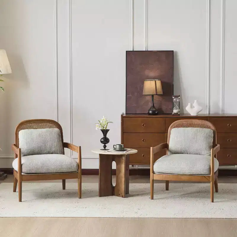 Set di 2 Poltrone Accent di Metà Secolo – Schienale in Rattan, Struttura in Noce, 67,5 cm, Grigio-Verde
