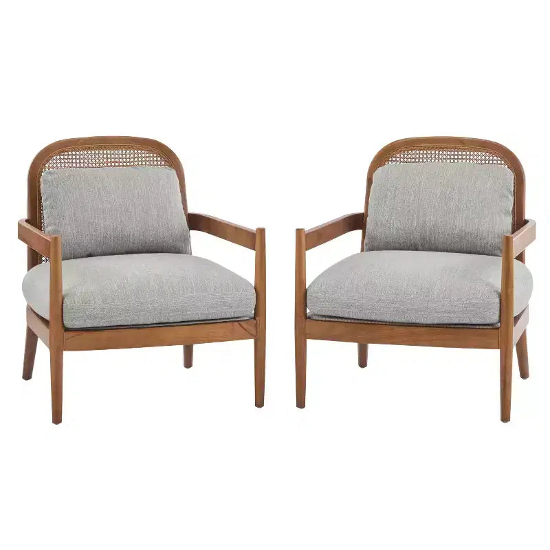Set di 2 Poltrone Accent di Metà Secolo – Schienale in Rattan, Struttura in Noce, 67,5 cm, Grigio-Verde