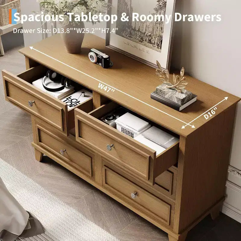 Comò e porta TV rustico a 6 cassetti – Comò doppio ampio con maniglie vintage, legno