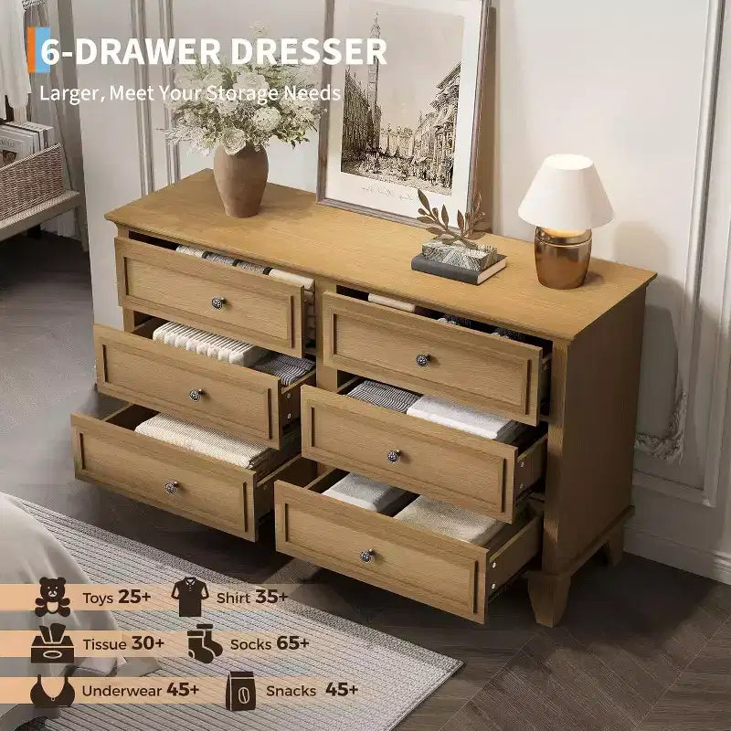 Comò e porta TV rustico a 6 cassetti – Comò doppio ampio con maniglie vintage, legno
