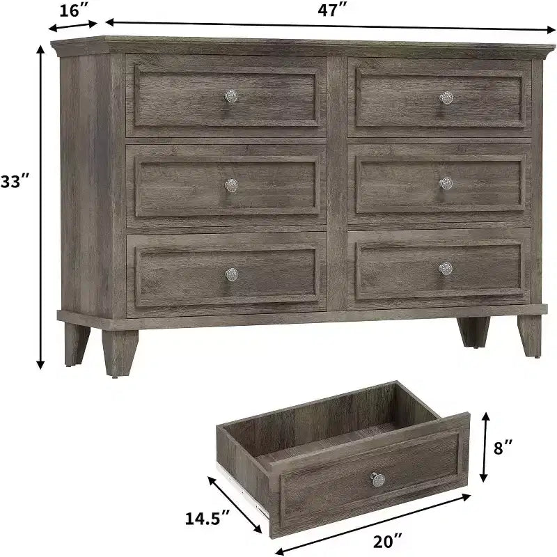 Comò e porta TV rustico a 6 cassetti – Comò doppio ampio con maniglie vintage, legno