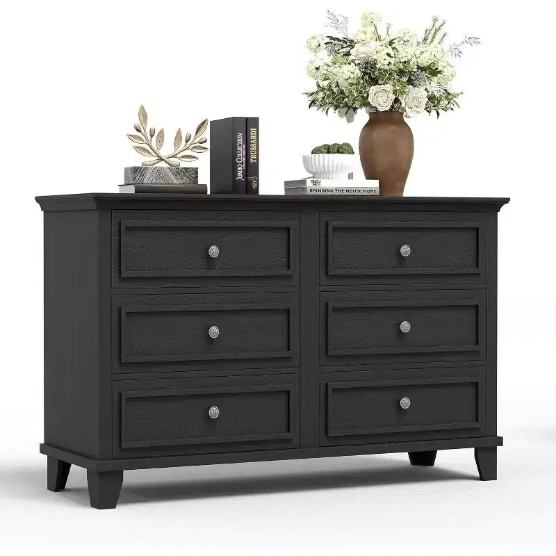 Acekool 6-Drawer Farmhouse Dresser, Wide Double Dresser & TV Stand with Vintage Handles, Wood Storage for Bedroom, Living Room