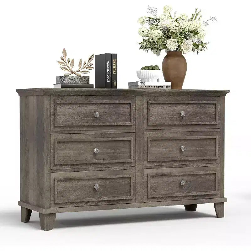 Comò e porta TV rustico a 6 cassetti – Comò doppio ampio con maniglie vintage, legno