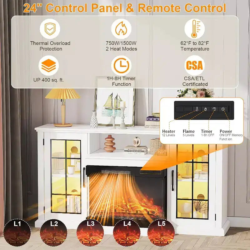 Mobile TV rustico da 59 pollici per televisori da 65 pollici, armadietto contenitore con ante in vetro su 3 lati e pannelli a vista, mobile porta TV bianco invecchiato per soggiorno