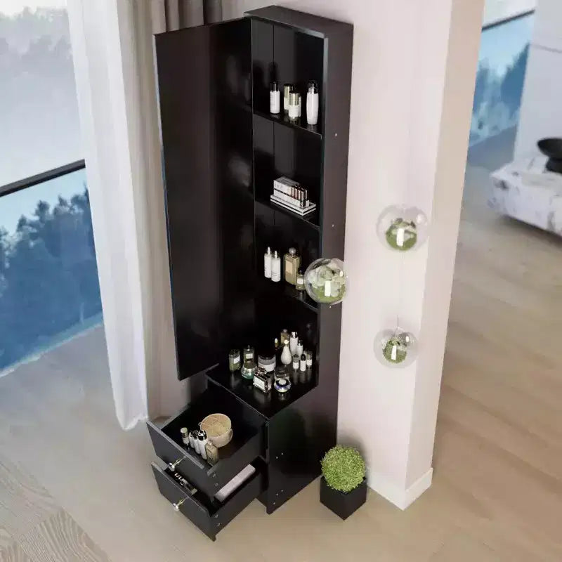 Armadio a specchio a figura intera con contenitore, Armadio a specchio a colonna da 160 cm con 2 cassetti, Comodino organizer per trucchi per camera da letto e bagno