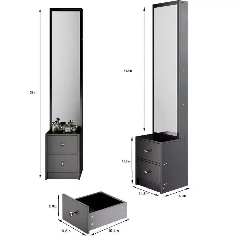 Armadio a specchio a figura intera con contenitore, Armadio a specchio a colonna da 160 cm con 2 cassetti, Comodino organizer per trucchi per camera da letto e bagno