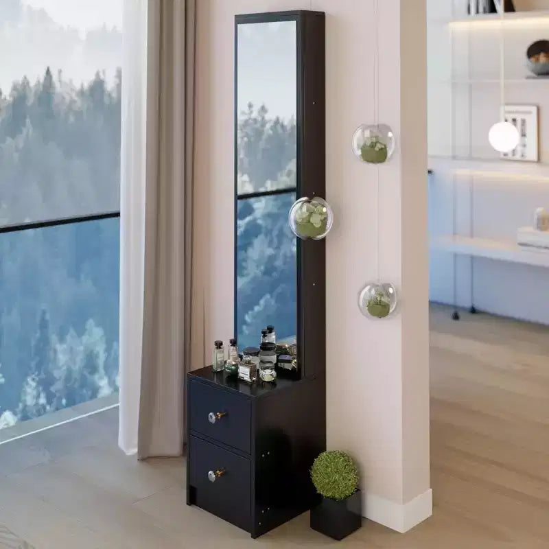 Armadio a specchio a figura intera con contenitore, Armadio a specchio a colonna da 160 cm con 2 cassetti, Comodino organizer per trucchi per camera da letto e bagno