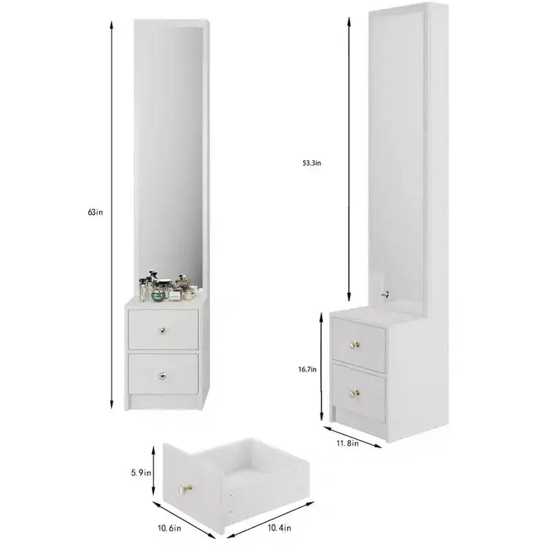 Armadio a specchio a figura intera con contenitore, Armadio a specchio a colonna da 160 cm con 2 cassetti, Comodino organizer per trucchi per camera da letto e bagno