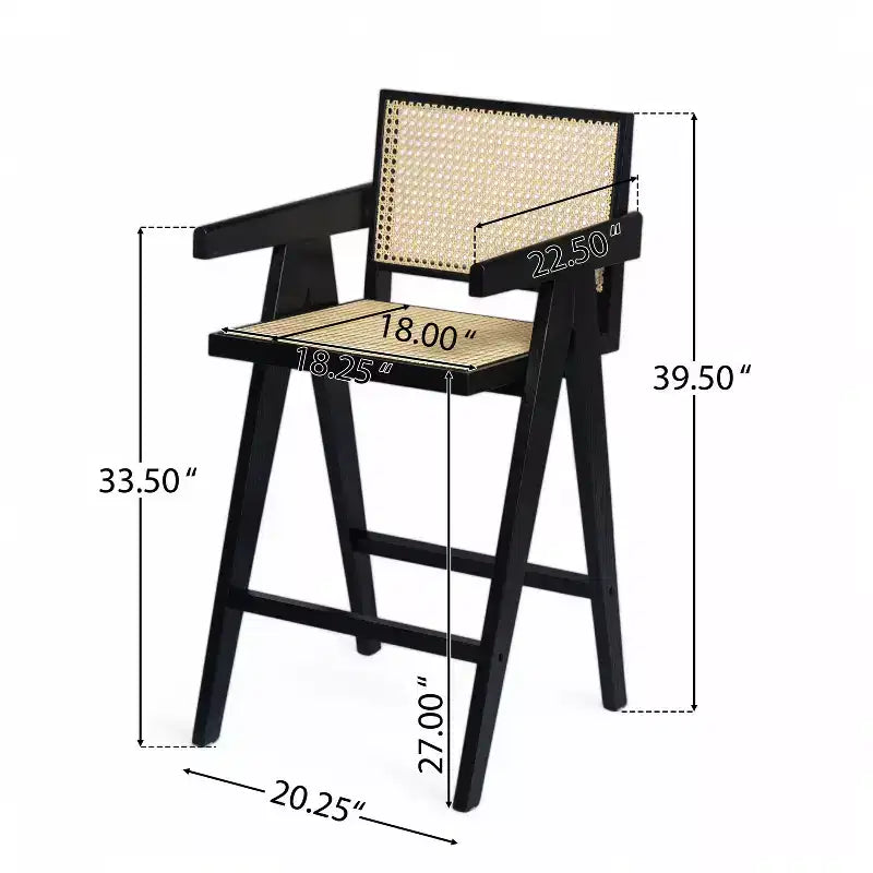 Set di 2 sgabelli da bar ad altezza bancone in legno massello – Finitura naturale, schienale in rattan, per isola cucina