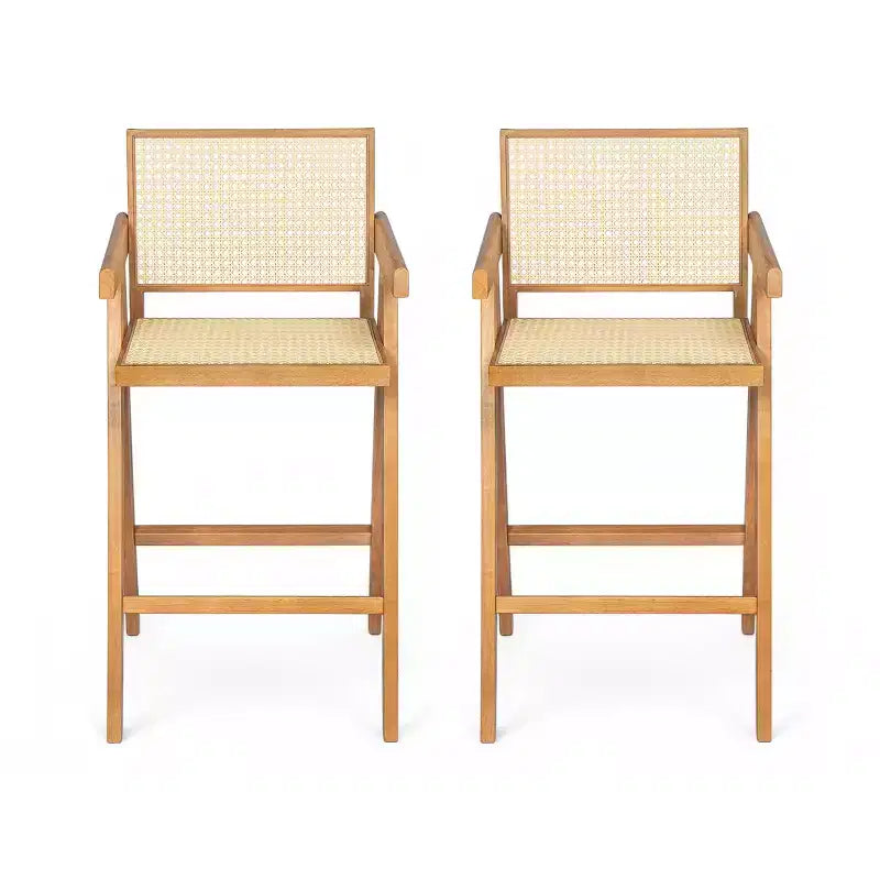 Set di 2 sgabelli da bar ad altezza bancone in legno massello – Finitura naturale, schienale in rattan, per isola cucina