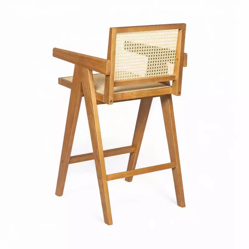 Set di 2 sgabelli da bar ad altezza bancone in legno massello – Finitura naturale, schienale in rattan, per isola cucina