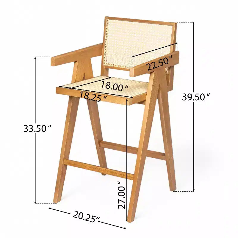 Set di 2 sgabelli da bar ad altezza bancone in legno massello – Finitura naturale, schienale in rattan, per isola cucina