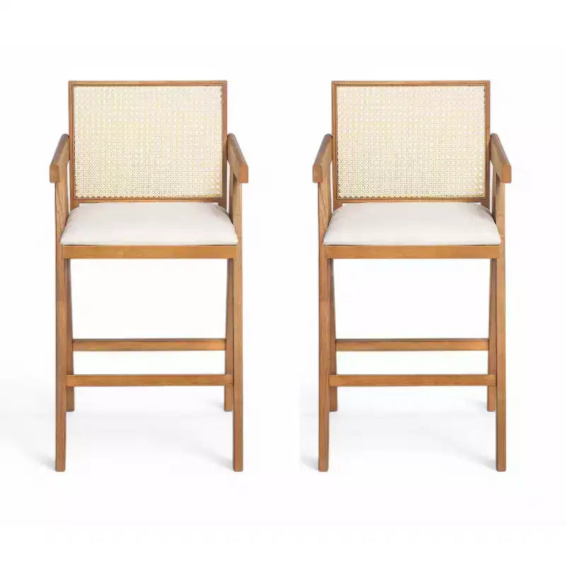 Set di 2 sgabelli da bar ad altezza bancone in legno massello – Finitura naturale, schienale in rattan, per isola cucina