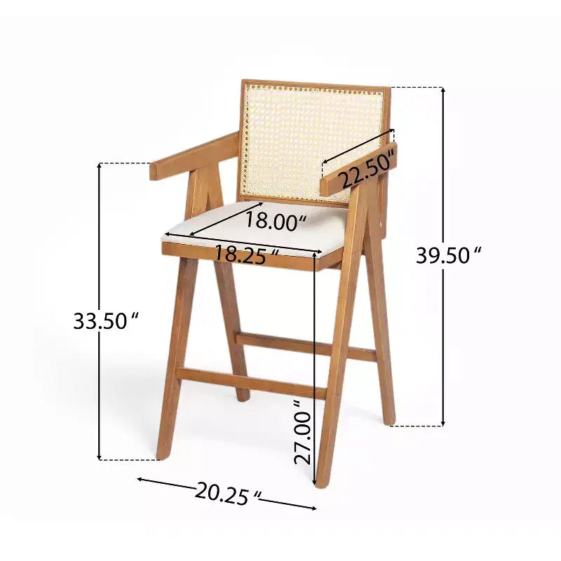 Set di 2 sgabelli da bar ad altezza bancone in legno massello – Finitura naturale, schienale in rattan, per isola cucina