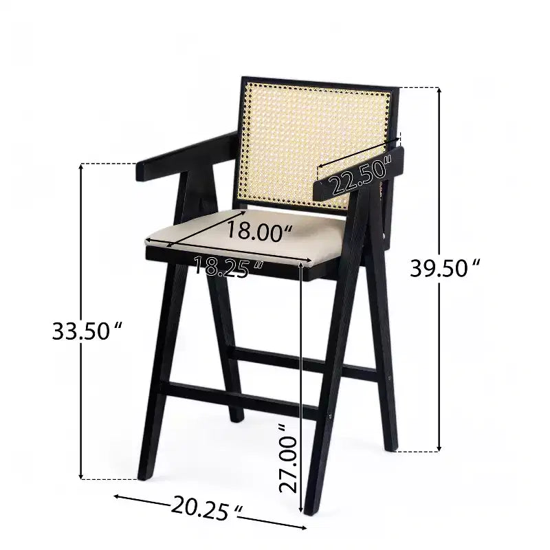 Set di 2 sgabelli da bar ad altezza bancone in legno massello – Finitura naturale, schienale in rattan, per isola cucina
